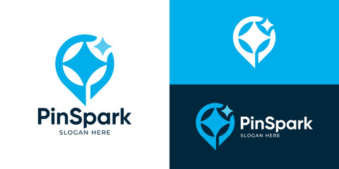 Creative simple pin spark logo template. Pin map location point star logo design vector illustration.