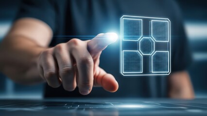 Illuminated futuristic holographic grid interface element with glowing blue lines and a complex geometric pattern, is being actively touched by a human finger on a dark, blurred background, suggesting