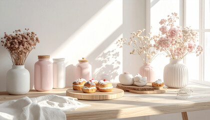 Pastries and flowers in a bright, airy kitchen setting