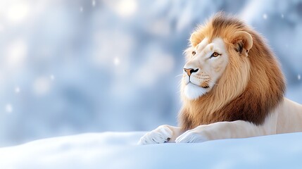 Majestic white lion in a serene snow-covered winter landscape calmly observing its icy surroundings