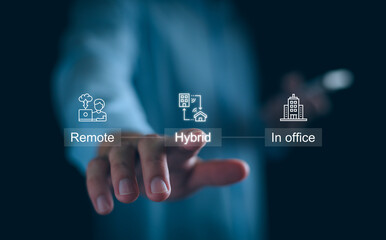 businessman adopting a hybrid work strategy allows employees to balance remote and in office work, flexibility boosts employee morale and productivity, online business work from home concept.