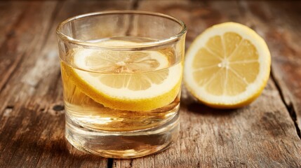 Glass of herbal tea with a lemon slice on wooden surface