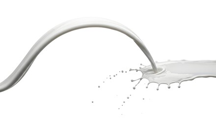 A graceful arc of fresh milk pours and splashes on a clean white background showing a dynamic liquid motion