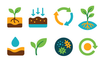 Minimalist Habitat Recovery Icons. Habitat recovery elements flat set: seed germination tile, soil health node, nutrient recycle bar, root expansion arc, moisture gauge, leaf rise