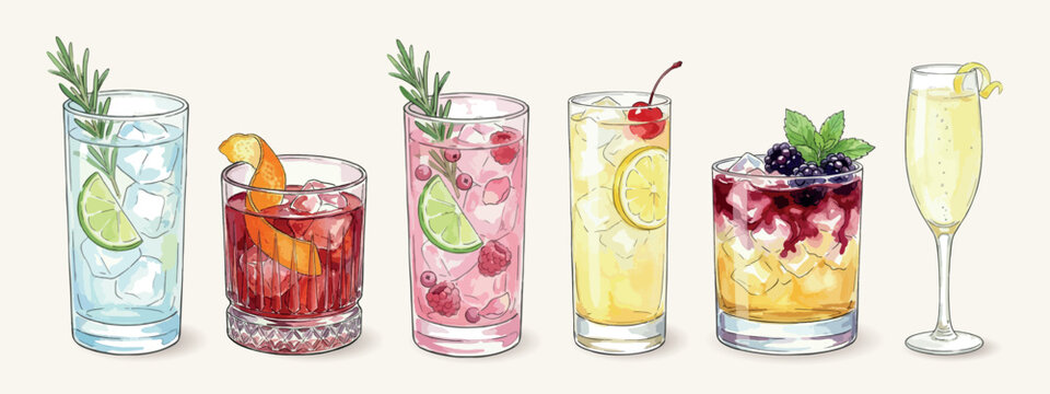 Gin-based cocktails vector set with classic gin drinks isolated on light background