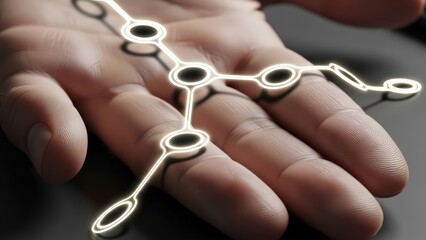A realistically rendered human hand with visible skin texture and subtle imperfections gently cradles a glowing, futuristic white neon light structure resembling a molecular chain or digital