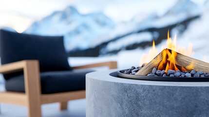 Modern fire pit with armchair in a serene snowy mountain landscape, offering warmth and comfort