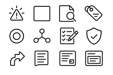 Incident Management Icons. Incident Management Themes linear set: alert flare, containment block, investigation sheet, communication tag, status ring, system map node, action