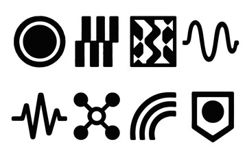 Brutalist Sound Icon Set. Sound identity themes silhouette set: tonal stamp, rhythm cue bar, motif tile, ambience wave, signature pulse, tone cluster node, frequency arc, audio