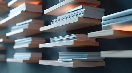 Modern minimalist bookshelf design with neatly stacked books and soft ambient lighting creating an