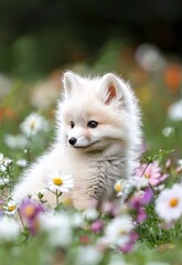 A fluffy baby fox sitting in a field of flowers, looking adorable.