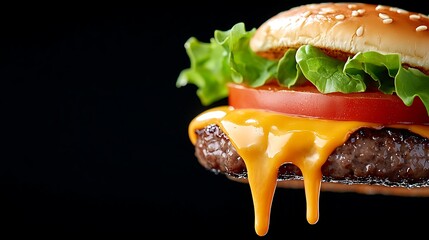 Mouth-watering cheeseburger with dripping melted cheese on a dark background perfect for food