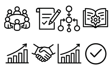 Collaboration Icon Set. Effective Collaboration Suite linear set: roundtable icon, shared notes, action arrows, collective decision node, resource hub, workload chart, unity symbol