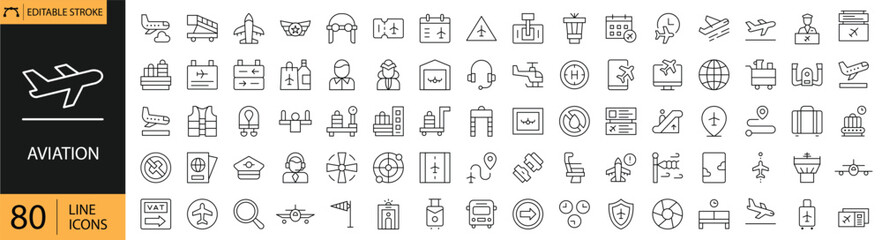 Aviaton Icons set. Including Aircraft, Airport, Flight, travel platforms, dashboards and aviation projects