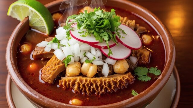 Delicious Mexican posole soup with fresh toppings and lime for National Menudo Month