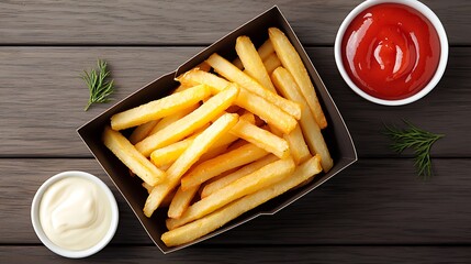 Overhead shot showcasing golden french fries with ketchup and creamy mayonnaise dip on a rustic