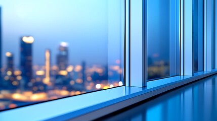 Panoramic cityscape at dusk through modern architectural glass window frames creating a futuristic