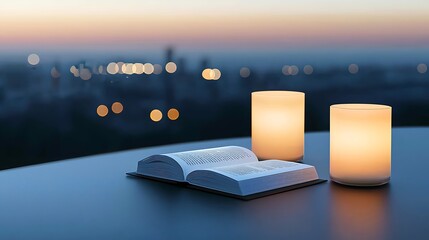 Peaceful evening read with glowing lamps and blurred city lights a tranquil scene for quiet