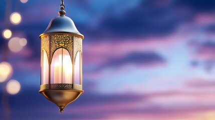 Ornate Lantern illuminating twilight sky during Ramadan celebration