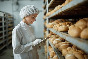 Baker woman in white clean chef uniform use tablet computer for control quality standing in front of bread display counter at the bakery factory. Banner modern foodstuff industry. Food technologist
