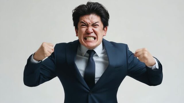 怒りをあらわにする、日本人男性ビジネスマンのスタジオ表情
