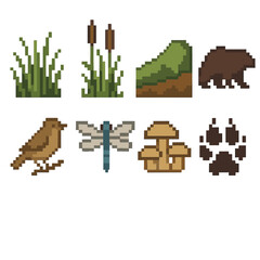 Pixel Wildlife Icons. Wildlife environment icons set of icons in flat pixel vector style: tall grass patch, wetland reed, hillside, bear silhouette, songbird, dragonfly, mushroom