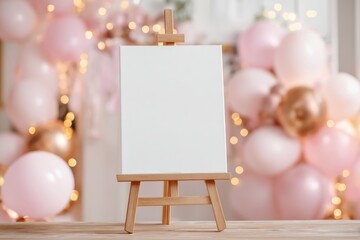 Birthday party background. White blank paper easel template among a holiday settings. Clean greeting card with free space for text against a festive pink golden balloons, ribbons backdrop. Baby shower