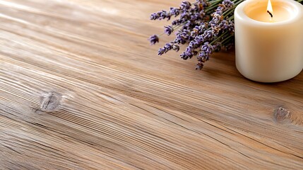 Serene moment with a warm glowing candle and fragrant lavender bouquet on a rustic wooden table