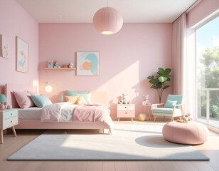 Fototapeta premium Pastel Kids Bedroom Design Inspiration Cozy Family Home Interior Decor Bright and Airy Setting Playful Aesthetic