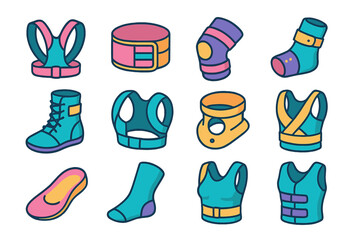 Corrective Wearable Icons. Corrective Wearables isometric flat set: posture brace, lumbar belt, knee support strap, wrist stabilizer, ankle brace, shoulder corrector, neck collar,