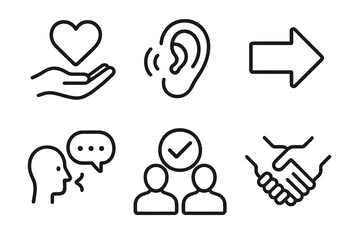 Support Symbols Set. Support Culture Elements Set linear set: empathy heart, listening ear, guidance arrow, joint decision icon, calm tone bubble, cooperation lines.