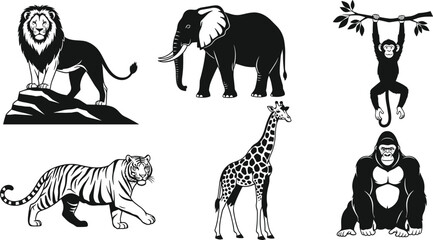 Wild animal silhouettes collection featuring lion elephant tiger giraffe monkey gorilla, safari wildlife illustration, black and white vector set © kulsum creatives