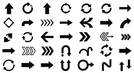 Collection of black arrows and directional symbols on white background sign pointer