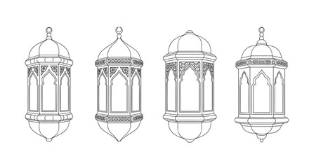 Set of four intricately detailed Islamic lanterns in a black and white line art style, perfect for Ramadan or Eid design projects.