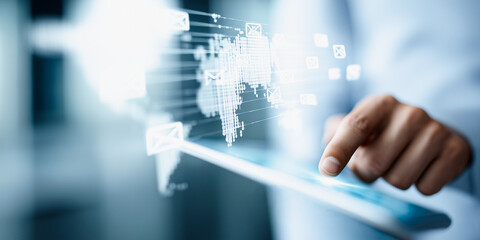 A person's hand interacts with a digital world map, demonstrating the concept of global connectivity and technological advancement. This image portrays the modern age of technology and communication.