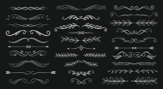 Large set of hand-drawn white chalk-style dividers, borders, and flourishes on a black chalkboard background for elegant design.