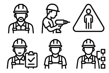Construction Crew Icons. Construction Crew Positions linear set: lead builder, tool operator, spotter symbol, structural inspector, apprentice worker, task coordinator.