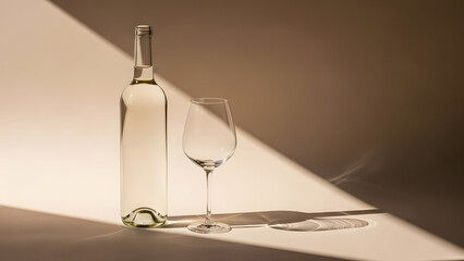  Minimalist white wine bottle and glass still life