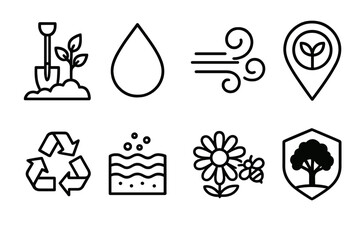 Environmental Icon Set. Environmental stewardship concepts set linear set: tree planting spade, water droplet, clean air swirl, habitat marker, recycling symbol, soil health icon,