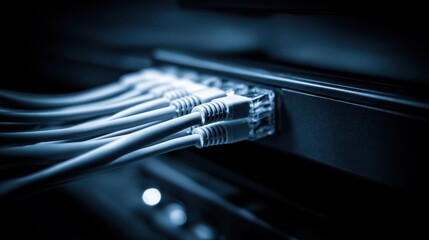 Network cables connecting to a server in a dark environment