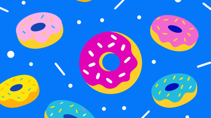 Colorful donuts scattered on blue background