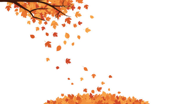 Autumn scene with a tree branch shedding orange and yellow maple leaves that are falling and piling up at the bottom of the page.