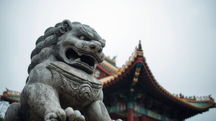 Fototapeta premium Stone lion statue guarding traditional architecture