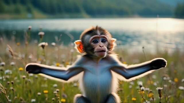 Baby monkey sitting in a field of flowers near a lake looking up with a curious expression monkey video