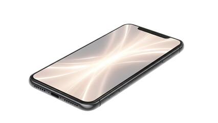 Black smartphone with light reflecting off screen on white background
