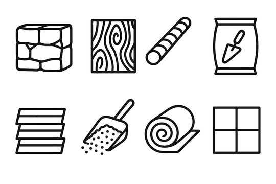 Construction Icon Set. Construction supply set linear set: stone block, plywood sheet, steel rod, mortar mix, siding panel, gravel scoop, insulation batt, floor tile.