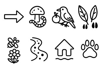 Ecosystem Icons. Ecosystem Dynamics Elements linear set: energy flow arrow, leaf litter decomposer, fruit-eating bird, browsing tracks, pollinator hover, river nutrient drift,