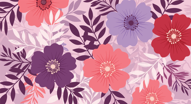 Beautiful floral pattern background with large pink, purple, and red flowers and leaves, creating an elegant and romantic texture.