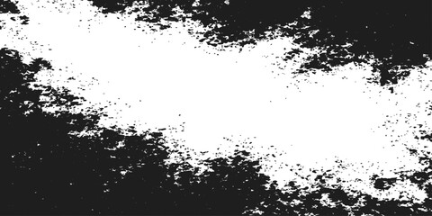 Abstract grunge background featuring a black ink splat pattern with an artistic spray texture and a dirty liquid stain silhouette designed as a decorative floral vector frame border