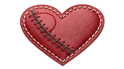 Stitched Red Leather Heart Patch with Visible Seams Isolated on Transparent PNG Background